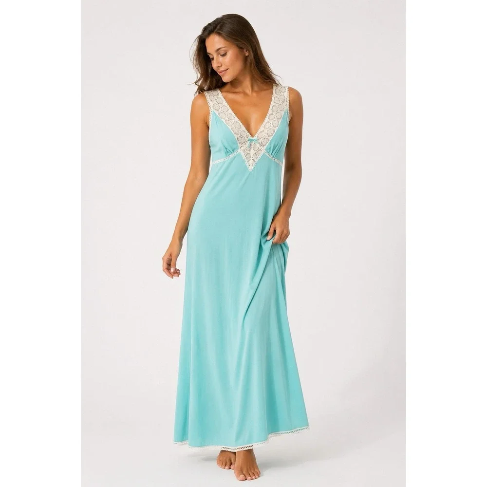 VTG Vanity Fair Nightgown 36 Aqua Blue Lace Maxi Dress 60s 70s USA Nylon